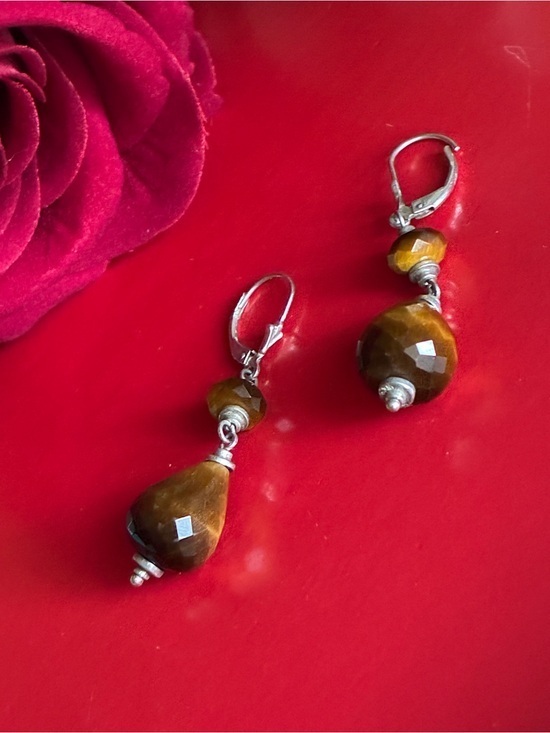 925 Sterling Silver Jewelry - 925 Silver Earrings, Faceted Tiger Eye Drop Earrings — Brown and Silver